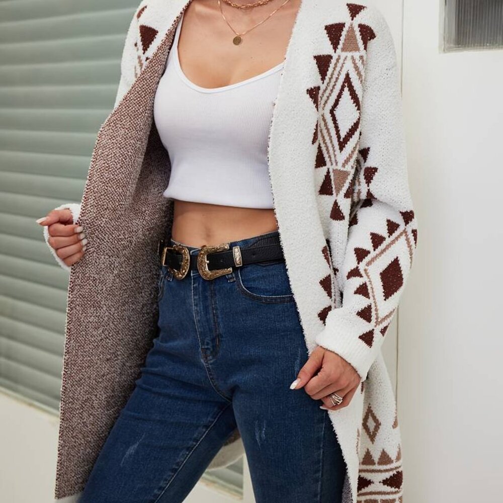 255. Cozy Tribal Print Open Front Fuzzy Cardigan | Size Large | Soft & Warm